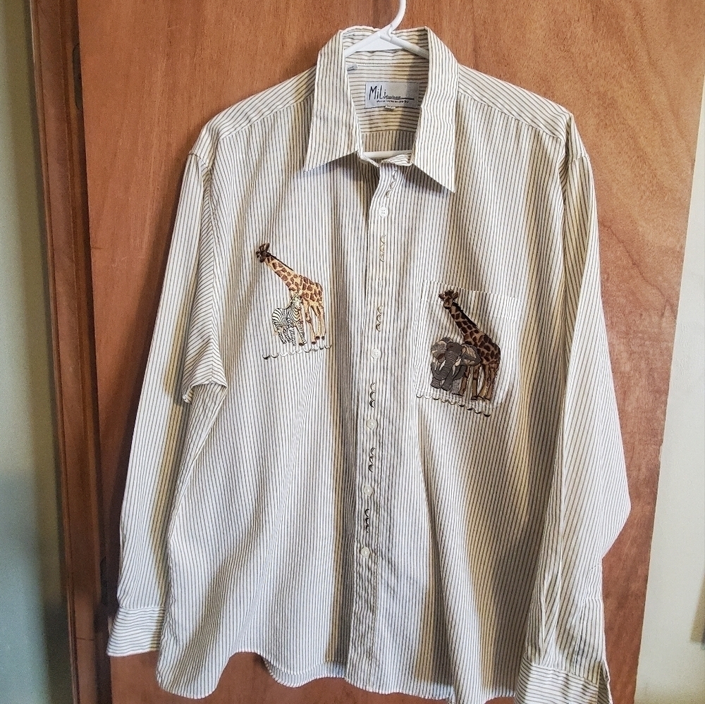 MILI DESIGNS VINTAGE. SZ XL. GRANDMA CORE. SAFARI BUTTON DOWN STRIPES